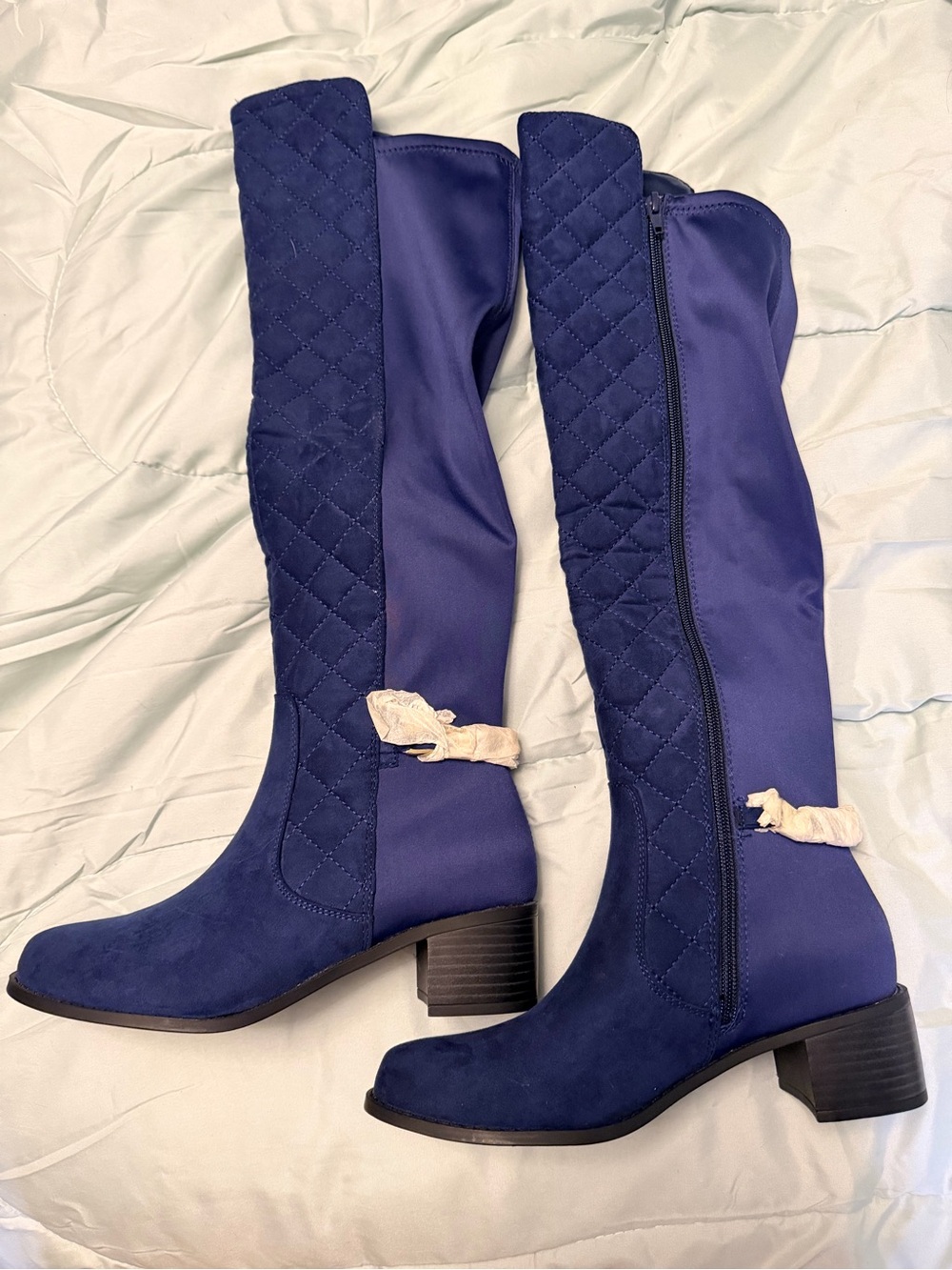 JustFab Quilted Navy Knee-High Heeled Boots - Picture 5 of 7